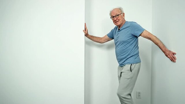 Elderly man performs balance exercise against a wall, showcasing gradual movement and posture adjustment in a bright indoor setting