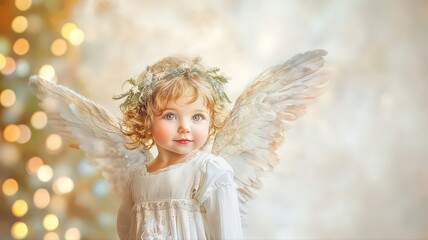 Fototapeta premium A charming little cherub angel in pastel colors. A Christmas image for greeting cards, stickers, or posters. Watercolor illustration.