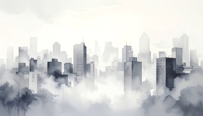 Fototapeta premium Misty monochrome city skyline emerging through soft watercolor fog watercolor painting illustration