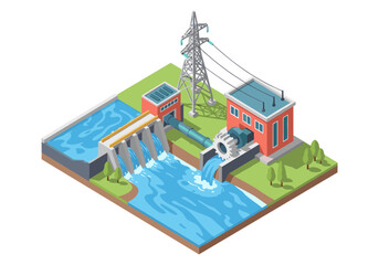 Naklejka premium Isometric hydroelectric power plant generating clean renewable energy from flowing water