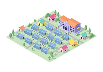 Fototapeta premium Isometric view of a solar farm powering a small community with houses and buildings