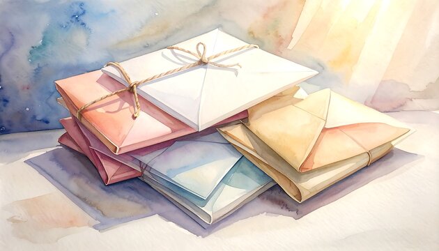 Stack of colorful envelopes tied with ribbon arranged on soft background watercolor painting illustration