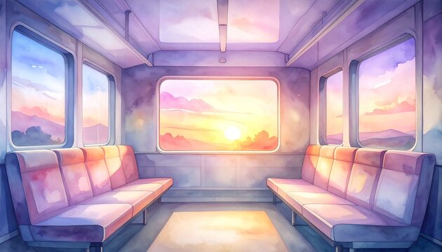 Passenger train interior seats with glowing sunset scenery outside window watercolor painting illustration