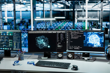 Fototapeta premium Machine learning software running on PCs in data center with rows of operational server racks. Computers using artificial intelligence tech in server hub built for digital storage systems