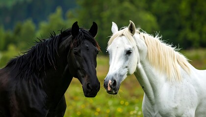 Fototapeta premium A black and white horse stand close together, portrait style, against a blurred green field backdrop