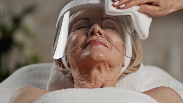 Senior woman enjoys facial treatment with LED mask while receiving gentle care from a beautician in a serene spa environment