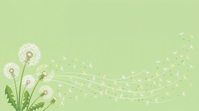 Dandelion flowers swaying in the wind against a light green background - seasonal allergy illustration from Copy Space