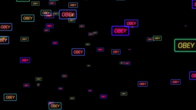 Neon OBEY Signs Repeating Over Dark Background Conceptual Dystopian Control Message