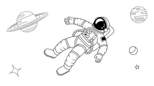 Astronaut floating in space on a black and white coloring page with planets and stars