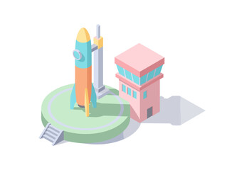 Obraz premium Isometric rocket on launchpad next to control tower, ready for space exploration