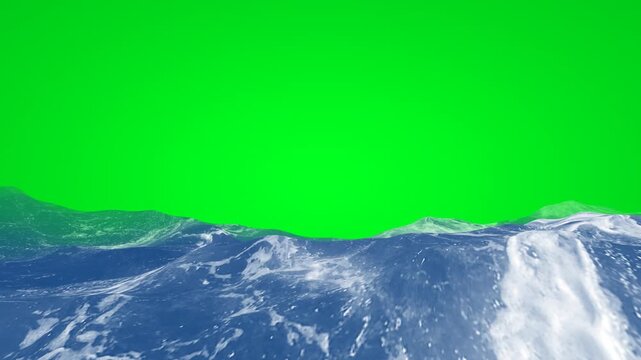 Ocean Waves Over Green Screen Background With Realistic Blue Water Surface For Compositing