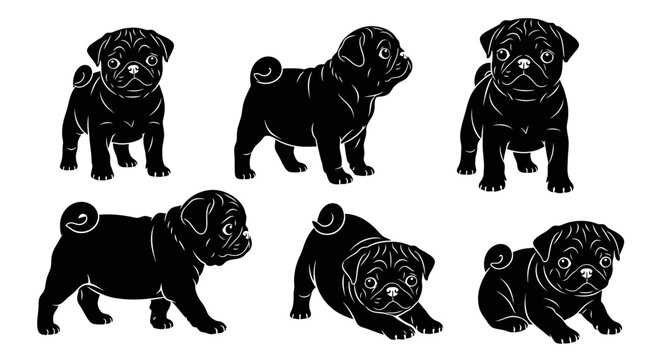 Cute Pug Puppies Silhouettes Collection: Playful Poses, Black and White Vector Art
