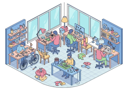 Isometric workshop scene with people engaged in various crafting and repair activities