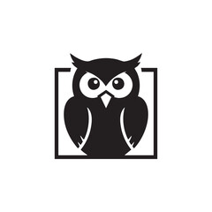 Obraz premium A black silhouette illustration of an owl in a square frame on a white background.