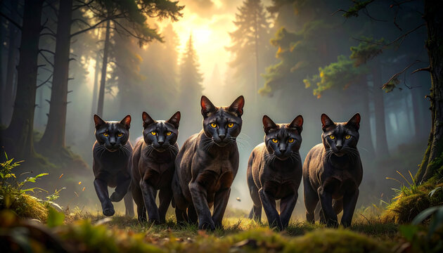 cats hunting in the forest