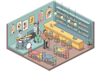Obraz premium Isometric jazz band performing live music in a cozy bar with drinks and seating