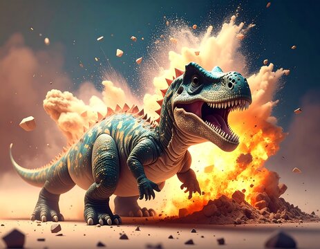A blue, squat dinosaur roars amid explosive clouds, appearing in a vibrant, cinematic scene