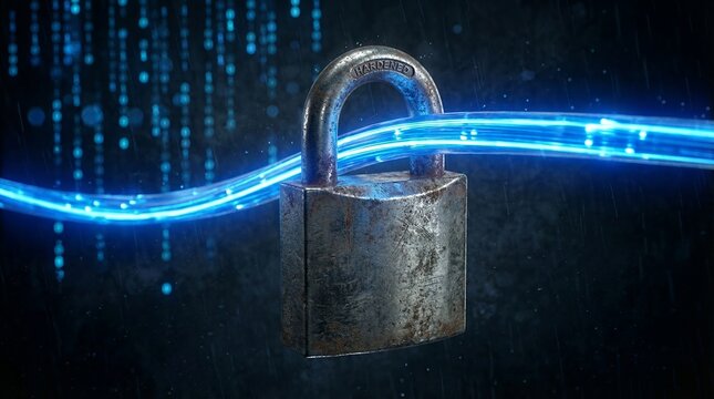 Security Digital Data Protection with Hardened Steel Padlock and Glowing Blue Information Stream Against Dark Technology Background