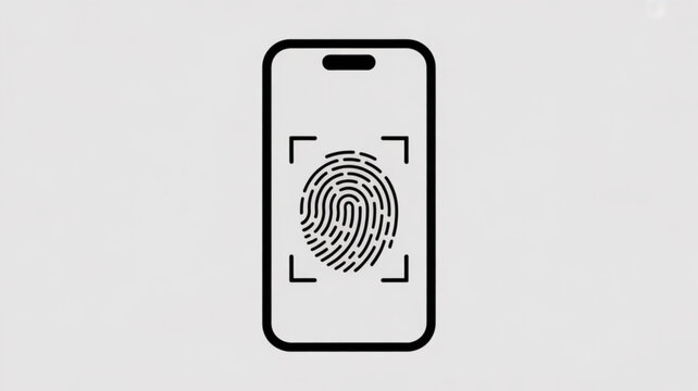 A black and white vector illustration of a smartphone scanning a fingerprint on its screen
