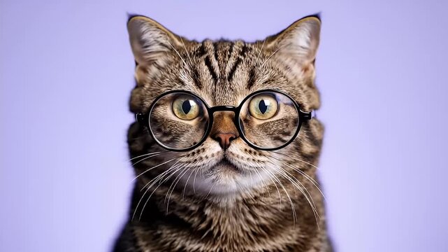 Funny Shocked Tabby Cat Wearing Round Glasses Close up Portrait