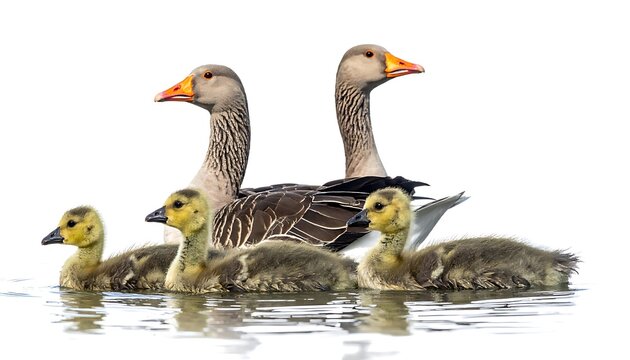 Two gray adult geese swim with three fluffy yellow goslings on water against a bright white background