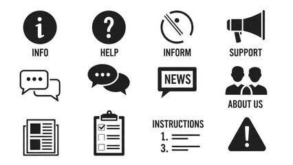 Fototapeta premium Vector icon sheet of support and information symbols with help and news icons