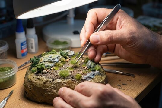 Hobbyist using tweezers to place miniature static grass on rocky diorama landscape
