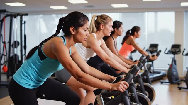 Group of women cycling on stationary bikes in a fitness studio, showcasing focused exercise and workout intensity in a bright environment