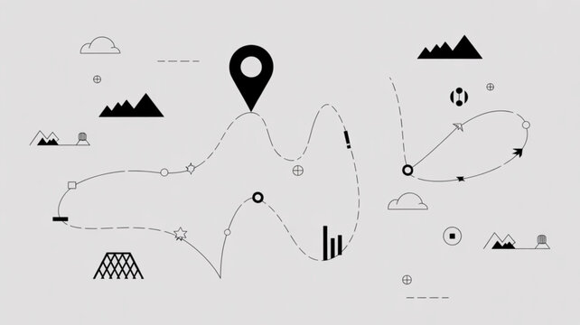A vector illustration set featuring a map with various geographic and navigation icons scattered around it.