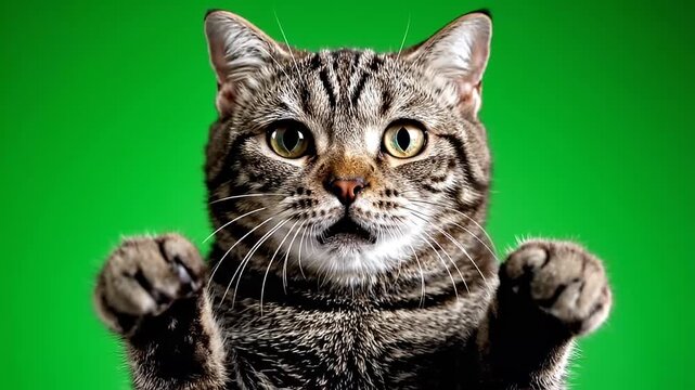 Surprised Tabby Cat with Raised Paws on Green Screen