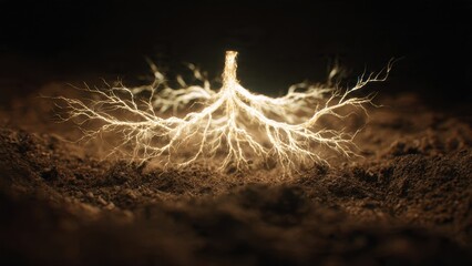 Glowing Roots Emerging from Soil