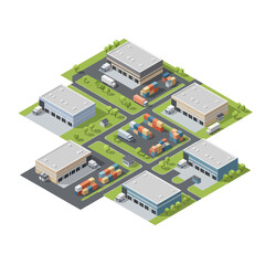 Isometric illustration of a modern logistics and distribution center with warehouses, trucks, and shipping containers.