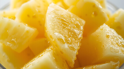Close-up view of fresh, juicy pineapple chunks, brightly lit and ready to eat.