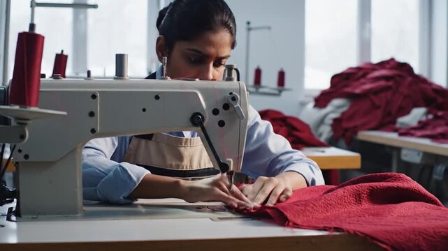 South Asian woman sewing red fabric on a sewing machine in a well-lit workshop with spools of thread and fabric in the background
