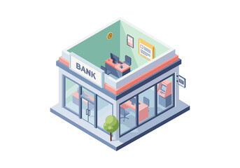 Obraz premium Isometric bank building interior with ATM, desks, and computers, modern financial institution