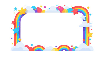 Colorful illustration of a rainbow frame with clouds, stars, and confetti on a white background for International Day of Happiness or birthday decoration
