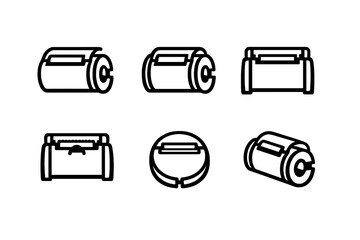 A collection of six white line icons depicting a cylindrical portable device from multiple angles including isometric and side views on a solid black background. © AVRIX
