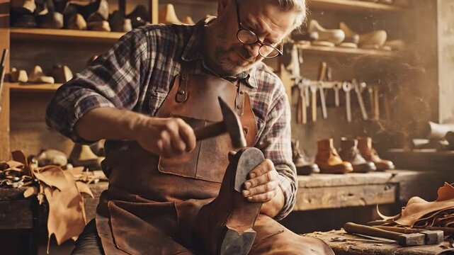 Elderly man crafts leather shoe using tools in a workshop, surrounded by various shoe components and equipment on wooden shelves