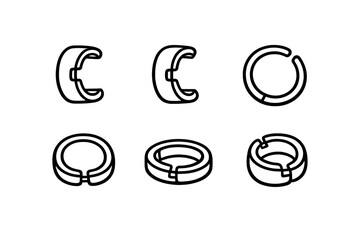 A technical line art illustration showing six different views of a split ring or mechanical collar component from various angles including top, side, and isometric perspectives.