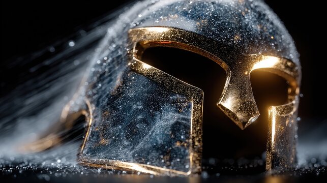 Epic Golden Spartan Helmet Covered in Glittering Dust with Dramatic Lighting