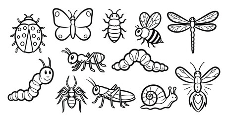  Insect and Bug Icon Set — Butterfly, Beetle, Bee, Dragonfly, Ladybug, Ant, Caterpillar, Grasshopper, Spider, Snail, Mosquito Line Art © Muhammad