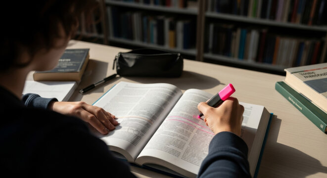 A young woman highlights a text in a book while studying in a cozy library setting.