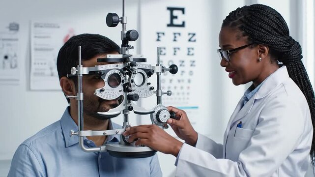 African American woman optometrist conducts eye examination using phoropter on South Asian man in a modern clinic setting