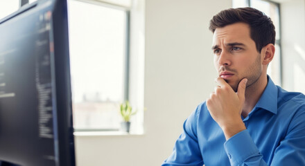 Fototapeta premium Pensive Young Caucasian Male in a Blue Shirt, Thoughtfully Analyzing Information on a Computer Screen Perfect for a Beauty and Fashion Concept