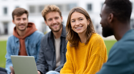 Obraz premium Group of friends enjoying outdoor conversation in a park setting