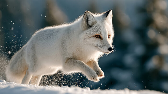 Winter fox hunt: majestic arctic fox in motion amidst snowy landscape