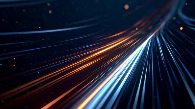 Vibrant orange and blue light streaks traverse a dark background rapidly.