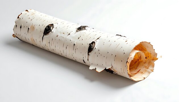Rolled birch bark displays white, papery texture, and dark spots. Inside, layers of reddish-brown texture are visible