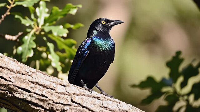Common Grackle Singing on a Tree Branch with Iridescent Plumage