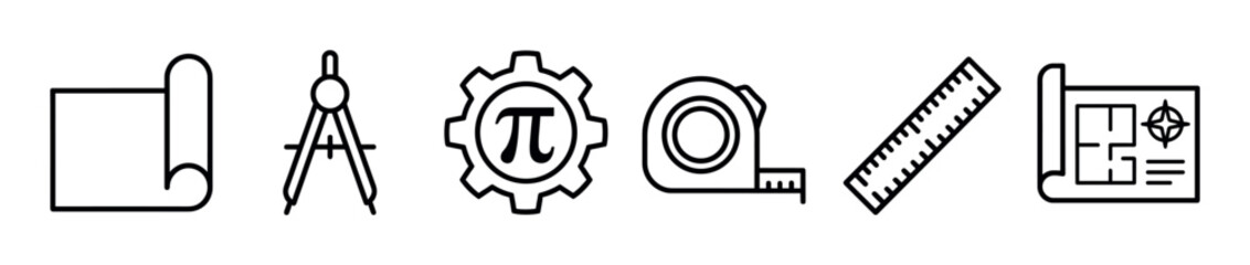Obraz premium Black line art icons for engineering and architecture, a minimalist collection featuring a blueprint, compass, gear with pi symbol, tape measure, ruler, and floor plan